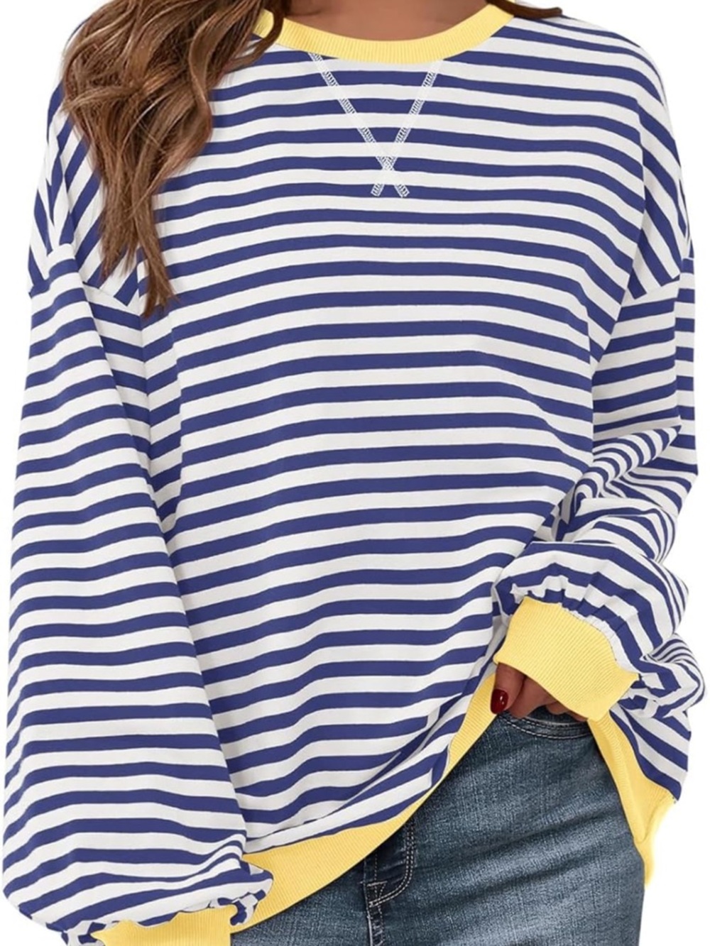 Amazon Blue and White Striped Top with Yellow Trim - Picture 3 of 3